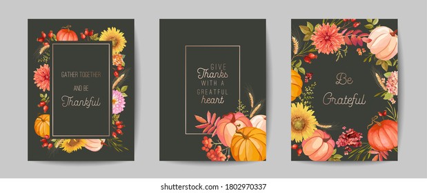 Thanksgiving Day greeting, invitation card, flyer, banner, poster template. Autumn pumpkin, flower, leaves, floral design elements. Vector illustration Set