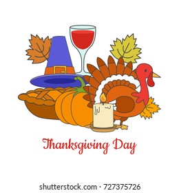 Thanksgiving Day greeting postcard vector illustration. Leprechaun cone hat, apple pie, big ripe pumpkin,holiday turkey, glass of red wine and maple leaves isolated on white background with text