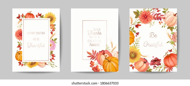 Thanksgiving Day greeting, seasonal fall invitation card, flyer, banner, poster template. Autumn pumpkin, flower, leaves, floral design elements. Vector illustration Set