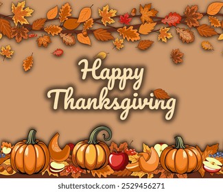 Plantilla de felicitación del día de Acción de Gracias Tarjeta de Vector con cosecha, calabazas, manzanas, bayas, bellotas y ramitas decoradas hojas de otoño caídas. Fondo brillante del otoño para la invitación, cartel, Anuncio, cena