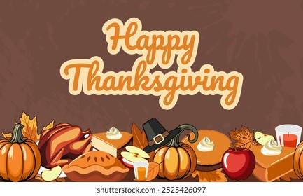 Thanksgiving day greeting. vector card with pattern pumpkins, hats, turkey, pumpkin and apple pies, and autumn leaves. Autumn bright background for party invitation, poster, banner, dinner party