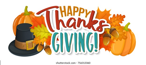 Thanksgiving day greetings and autumn leaves, cartoon illustration. Thanksgiving Day background for decoration. Vector