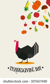 Thanksgiving day greetings vertical postcard with a fountain of food