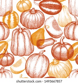 Thanksgiving Day and Halloween seamless pattern. Vector hand drawn illustrations. Thanksgiving backdrop in vintage style with pumpkin harvest. Autumn background.