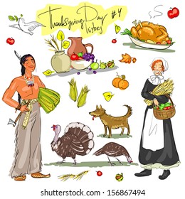 Thanksgiving day hand drawn collection. Historical set 4, isolated