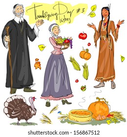 Thanksgiving day hand drawn collection. Historical set 3, isolated