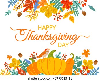 Thanksgiving Day. Hand drawn Happy Thanksgiving cover with lettering and holiday elements fall yellow leaves and berries vector background. Illustration thanksgiving traditional poster