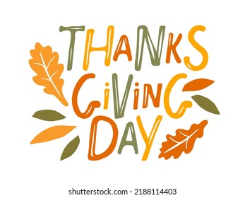 Thanksgiving day Hand drawn lettering with autumn leaves decor. Hand lettering greeting card design element. Autumn banner, border, Card, invitation, dinner menu with pumpkin and leaves