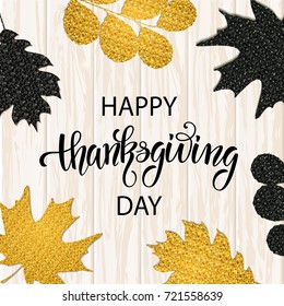 Thanksgiving day hand drawn lettering. Autumn leaves background. Vector illustration EPS10.