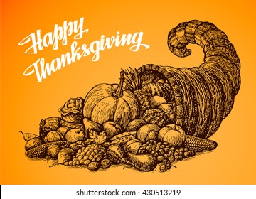 Thanksgiving Day. Hand drawn vector illustration Cornucopia or Horn of Plenty. Vegetables and Fruits