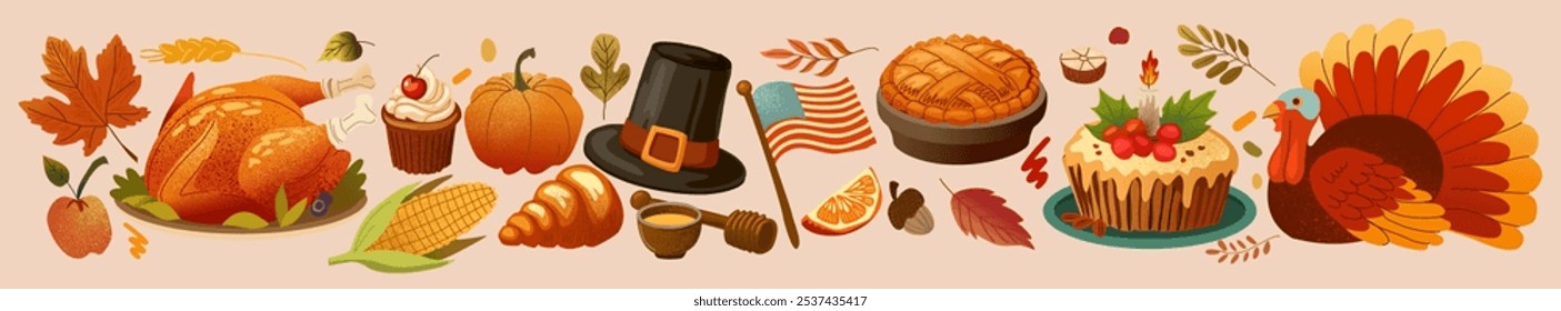 Thanksgiving Day. Happy autumn dinner. Turkey dishes, texture leaves, pilgrim hat, decorations, gifts, harvest and cake. Icon thank. Fall vacation pattern. Vector set isolated cartoon illustration