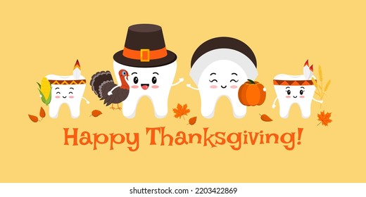 Thanksgiving day happy teeth family on dentist card. Cute tooth in pilgrim hat with pumpkin and turkey in hand and in indian feather headband with corn and wheat ear. Flat cartoon vector illustration.