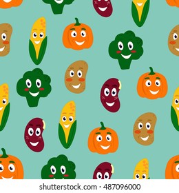Thanksgiving Day. Happy vegetables. Seamless pattern.The smiles on their faces. Vector illustration.