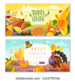 Thanksgiving day and harvest festival banners in cartoon style on the theme of  traditional family holiday icons isolated items. Vector