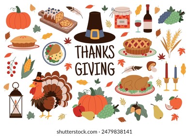 Thanksgiving day. Harvest festival elements, family autumn holiday, traditional turkey and different food, pumpkin pie and corn, pilgrim hat, cartoon flat style isolated tidy vector set