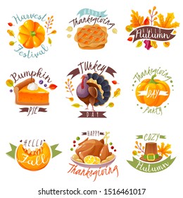 thanksgiving day and harvest festival emblems set in cartoon style on the theme of  traditional family holiday icons isolated items. Vector