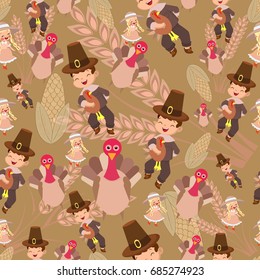 Thanksgiving Day harvest seamless pattern. Cartoon boy Illustration. Holiday decoration. Thanksgiving Day seamless pattern. Autumn season design. Fall pattern. Repeating autumn  background. 