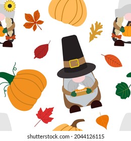 Thanksgiving day, harvest vector seamless pattern in cartoon style with pilgrim gnomes, pumpkins, pumpkin pie, fall leaves. Isolated on white background.