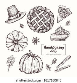 Thanksgiving Day. Hat, autumn harvest, pumpkin, pumpkin pie, acorn, cinnamon. Vector Hand Drawn. Line art. Sketch Illustration. 