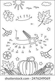 Hoja de actividades del Día de Acción de Gracias. Peregrino sombrero imagen oculta punto a punto, o conectar los puntos, de lo contrario unir los puntos, rompecabezas de la imagen y página de colorear. 
