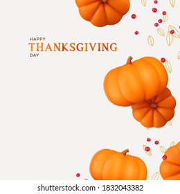 Thanksgiving day. Holiday background with realistic 3d orange pumpkins falling levitation. Gift card, Festive poster, web banner, brochure, cover, flyer. Vector illustration