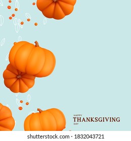 Thanksgiving day. Holiday background with realistic 3d orange pumpkins, red falling viburnum berries, levitation leaves. Gift card, Festive poster, banner, brochure, cover, flyer. Vector illustration