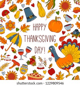 Thanksgiving day holiday doodle cartoon icons colorful greeting card template