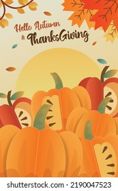 Día de Acción de Gracias.  Elemento de vacaciones vector Calabaza, arce, manzana, hojas sobre fondo amarillo. Plantilla para tarjetas de felicitación, banner y diseño web.  Fondo vectorial de vacaciones de otoño.