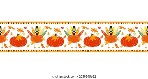 Thanksgiving Day Holiday Fancy Seamless Vector Flat Border Pattern. Cute Turkey Pumpkin Cartoon Design Element. Hand Drawn Autumn Fall Harvest Holiday Festival Celebration Background Illustration