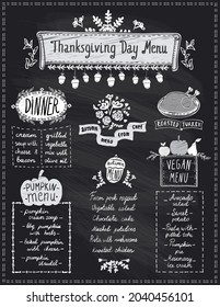 Thanksgiving day holiday menu chalkboard - dinner, pumpkin and vegan menu, roasted turkey, autumn seasonal dishes chalk style vector illustration
