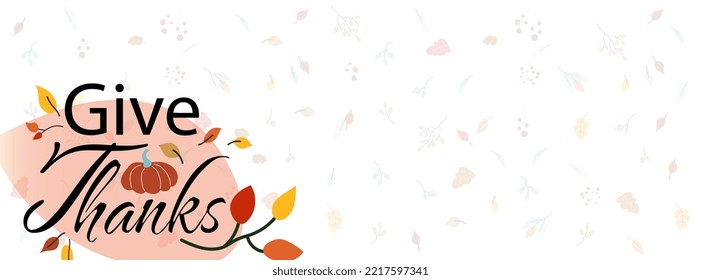 Ilustración horizontal del vector de fondo del día de Acción de Gracias aislada en blanco. Frase Dé las gracias con calabazas y hojas de otoño sobre fondo decorado con luz. Banner de estilo plano con espacio para copiar