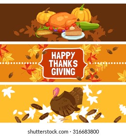 Thanksgiving day horizontal banner set with traditional food and symbols isolated vector illustration