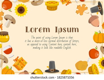 Thanksgiving day - horizontal card with text and vector color illustrations of pumpkin, turkey, apple, pie, hat, wine and honey for graphic design