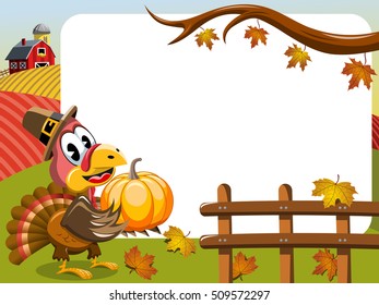 Thanksgiving day horizontal frame featuring pilgrim turkey holding pumpkin outdoor