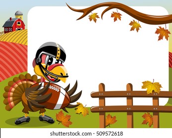 Thanksgiving day horizontal frame featuring turkey playing american football