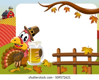 Thanksgiving day horizontal frame featuring pilgrim turkey holding beer mug