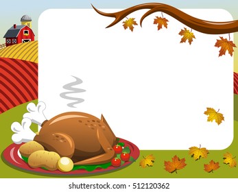 Thanksgiving day horizontal frame with roast turkey in the countryside