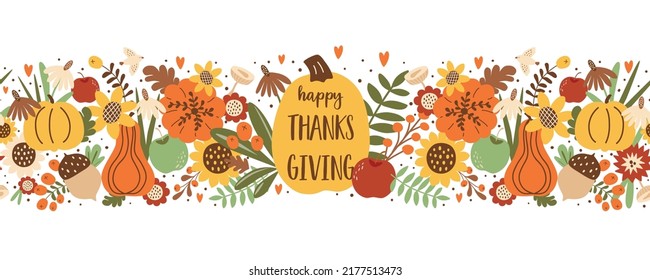 Thanksgiving day horizontal seamless border pattern. Harvest Pumpkin, autumn leaves sunflower Fall floral endless banner vector illustration. Happy Thanksgiving day decorative repeated border.