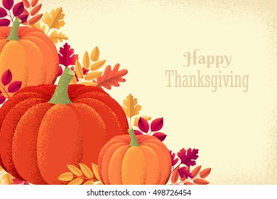 Thanksgiving Day horizontal template with pumpkins and various autumn leaves. Retro vector illustration. Place for your text. Design for poster, invitation, card, banner, flyer