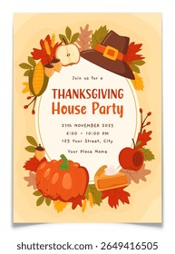 Thanksgiving day house party invitation postcard. Hand drawn frame with pumpkin, apple, pie, corn, pilgrim hat, autumn leaves and acorns. Family seasonal event invite flyer. Flat vector illustration.