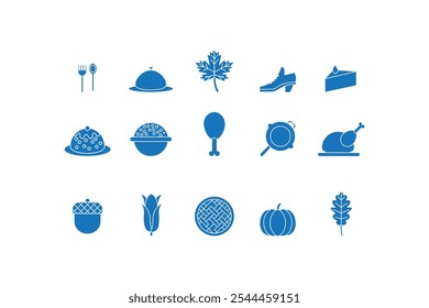 Thanksgiving day icon set. Collection of traditional holiday elements. Blue flat symbol.Vector illustration.