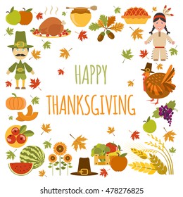 Thanksgiving day icon set. Flat style. Vector illustration