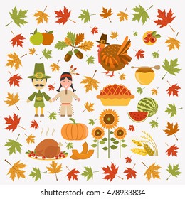 Thanksgiving day icon set. Flat style. Vector illustration