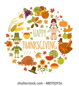 Thanksgiving day icon set. Flat style. Vector illustration
