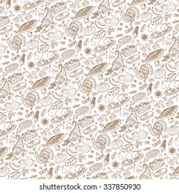 Thanksgiving day icons pattern,doodle background.Autumn harvest decor elements with wreath .Hand drawing holiday symbols. Linear vintage vector illustration,backdrop.