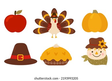 Thanksgiving day icons for seasonal autumn design. Turkey, fruit pie, pumpkin, pilgrim hat, apple and scarecrow.