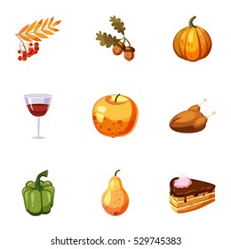 Thanksgiving day icons set. Cartoon illustration of 9 thanksgiving day vector icons for web