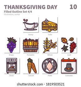 Thanksgiving Day icons set, Filled Outline, vector and illustration set 4