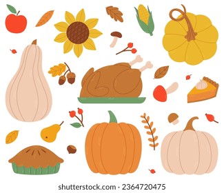 Thanksgiving Day icons set. Turkey, pumpkins, pie and other holiday symbols.