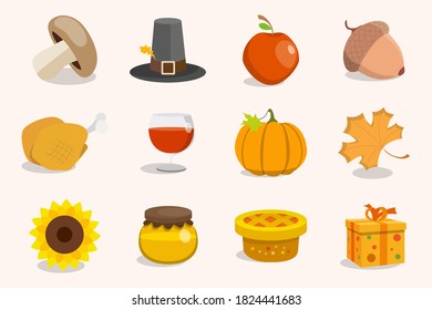 Día de Acción de Gracias Juego de iconos - Símbolos de color vectorial de calabaza, pavo, manzana, pastel, sombrero, vino y miel para el sitio o interfaz